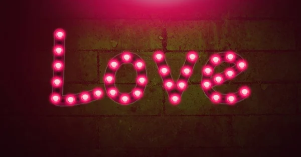 Cyfrowy Kompozytowy Miłości Tekst Świecącą Neon Żarówek Zielony Ściana — Zdjęcie stockowe