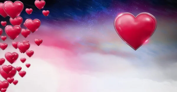 パープル スペース宇宙霧背景を持つ光沢のある陽気なバレンタイン ハートのデジタル合成 — ストック写真