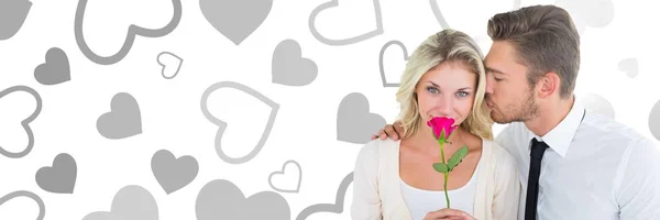 Compuesto Digital Pareja San Valentín Sosteniendo Rosa Con Corazones Amor — Foto de Stock