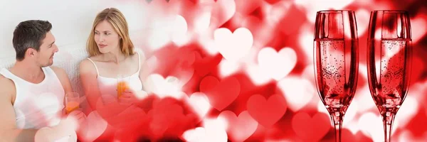 Digitální Složený Pár Posteli Valentine Láska Přechod Sklenky Sekt Srdce — Stock fotografie