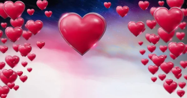 パープル スペース宇宙霧背景を持つ光沢のある陽気なバレンタイン ハートのデジタル合成 — ストック写真