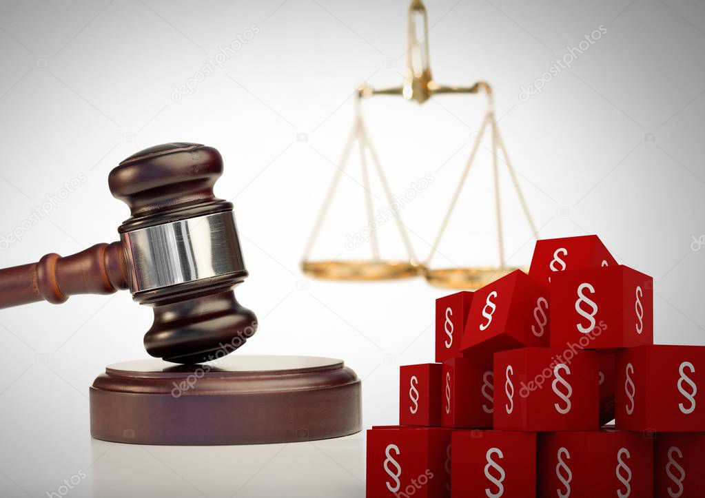 Digital composite of 3D Section symbol icons and justice scales with gavel