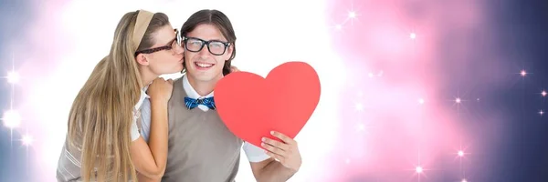 Digitální Složený Valentines Páru Držícího Srdce Lásku Srdce Pozadí — Stock fotografie