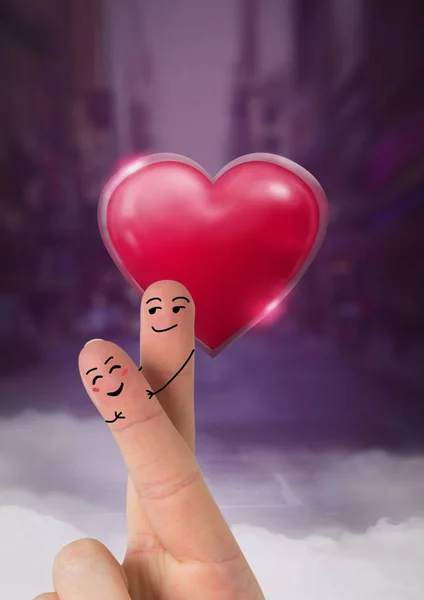 Digital Composite Valentine Fingers Love Couple Shiny Heart Glowing Purple — Stock Photo, Image