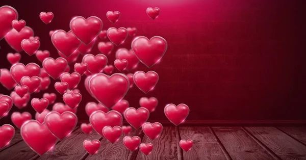 Compuesto Digital Brillantes Corazones Burbujeantes San Valentín Sobre Piso Madera —  Fotos de Stock