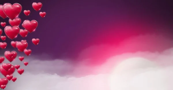 紫の霧の背景を持つ光沢のある陽気なバレンタイン ハートのデジタル合成 — ストック写真