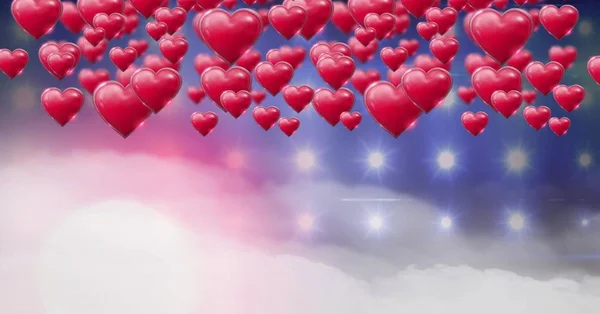Digitální Složený Lesklé Bublinky Valentines Srdce Fialovým Zamlžené Pozadí Světla — Stock fotografie
