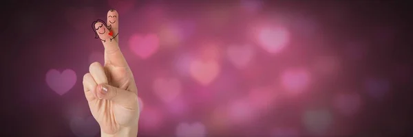 Cyfrowy Kompozytowy Palców Walentynki Miłość Para Świecące Światła Kolorowe Serca — Zdjęcie stockowe