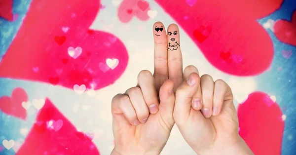 Komposit Digital Jari Jari Valentine Pasangan Cinta Dan Hati Mengambang — Stok Foto