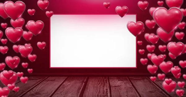 Digital Komposit Glänsande Bubblig Valentines Hjärtan Rum Med Trägolv — Stockfoto