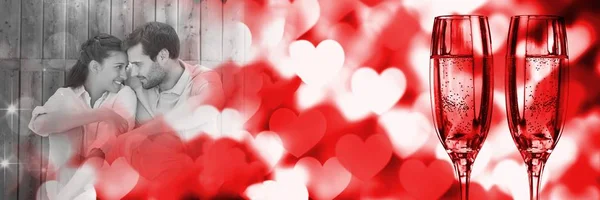 Digital Komposit Par Med Hjärtans Kärlek Övergången Hjärtan Och Champagneglas — Stockfoto