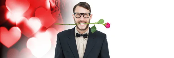 Composito Digitale San Valentino Uomo Mordere Rosa Con Amore Cuori — Foto Stock