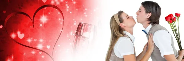 Digital Komposit Valentines Par Hålla Rosor Med Kärlek Hjärtat Bakgrund — Stockfoto