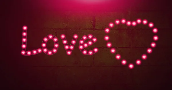 Cyfrowy Kompozytowy Miłości Tekst Glowing Neon Serca Żarówki — Zdjęcie stockowe