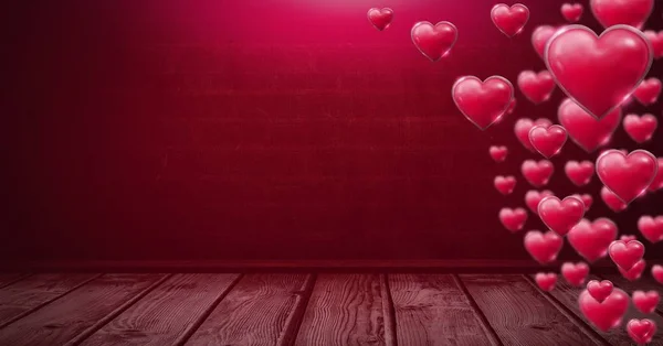 Digitální Složený Lesklé Bublinky Valentines Srdce Místnosti Dřevěnou Podlahou — Stock fotografie