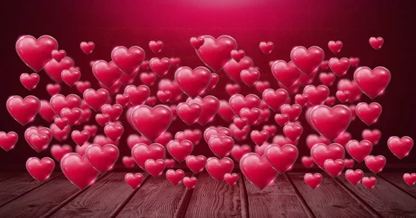 Compuesto Digital Brillantes Corazones Burbujeantes San Valentín Sobre Piso Madera — Foto de Stock