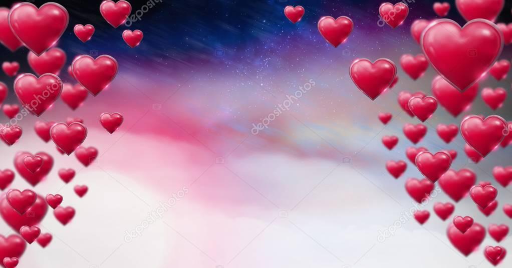 Digital composite of Shiny bubbly Valentines hearts with purple space universe misty background