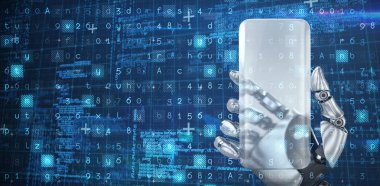 Mavi matris ve kodları karşı şeffaf smartphone tutan Robotik el