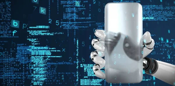 青色のデータに対して透明なスマート フォンを持っているロボットの手 — ストック写真