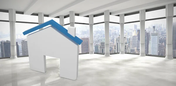 Startpagina Symbool Tegen Moderne Kamer Met Uitzicht Stad — Stockfoto