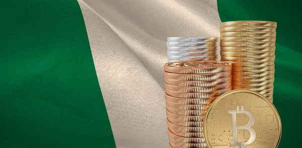 Bitcoin Contra Bandera Nacional Nigeriana Generada Digitalmente — Foto de Stock