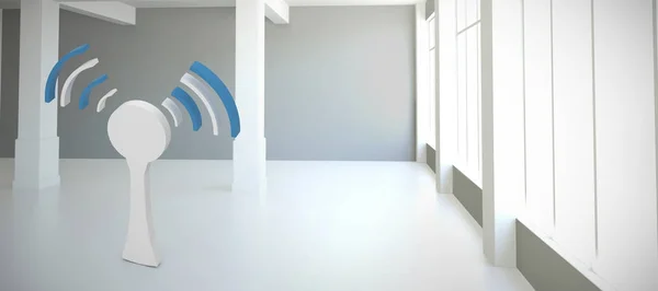 Σύμβολο Wifi Router Ενάντια Μοντέρνο Λευκό Δωμάτιο Παράθυρο — Φωτογραφία Αρχείου