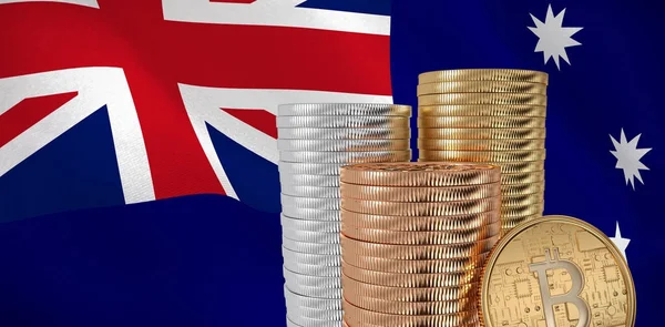 Bitcoin Contra Bandera Nacional Australiana Generada Digitalmente — Foto de Stock