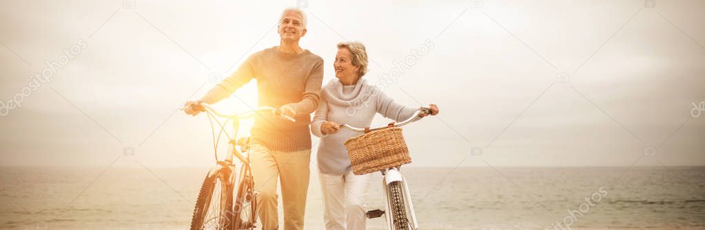 Full length of senior couple with their bicycles at the beach