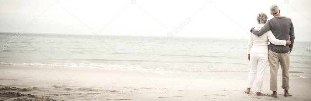 Rear view of senior couple embracing at beach on sunny day