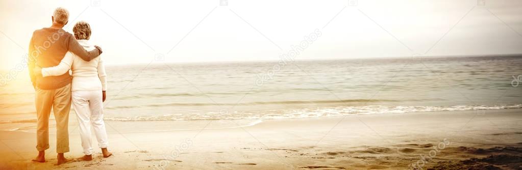 Rear view of senior couple embracing at beach on sunny day