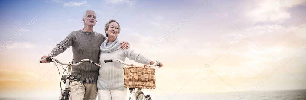 Happy senior couple with their bike on the beach