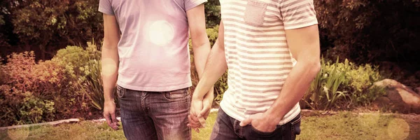 庭で手をつないで歩く同性愛者のカップルの笑顔 — ストック写真