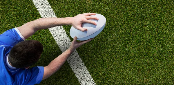 Jugador Rugby Anotando Intento Contra Línea Verde Cuadrada Blanca —  Fotos de Stock