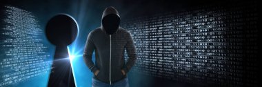 Anonim hacker bilgisayar kodu ikili arabirimi ve anahtar deliği ile dijital bileşik