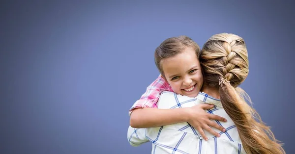 Composto Digital Mãe Abraçando Filha Com Fundo Azul — Fotografia de Stock