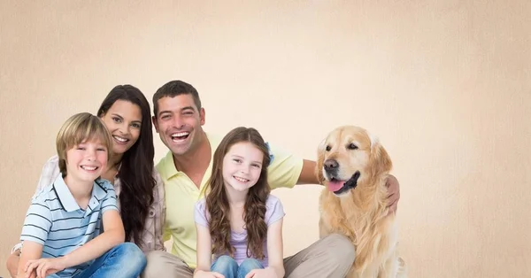 Composto Digital Família Com Cão Fundo Laranja — Fotografia de Stock