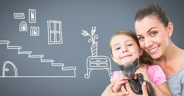 Composto Digital Mãe Filha Segurando Gato Com Desenhos Escadas Casa — Fotografia de Stock