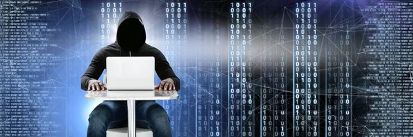Digitales Komposit Eines Anonymen Hackers Mit Binärer Computercodeschnittstelle — Stockfoto