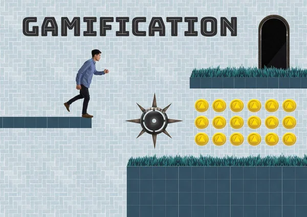 Цифровий Композит Тексту Gamification Man Computer Game Level Монетами Пасткою — стокове фото