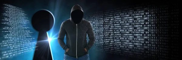 Anonim Hacker Bilgisayar Kodu Ikili Arabirimi Anahtar Deliği Ile Dijital — Stok fotoğraf