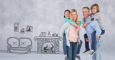 Digital composite of Family giving piggybacks and home drawings