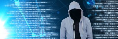 Anonim hacker bilgisayar kodu ikili arayüzü ile dijital bileşik
