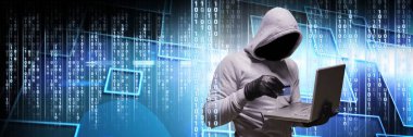 Anonim hacker bilgisayar kodu ikili arayüzü ile dijital bileşik
