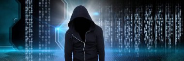 Anonim hacker bilgisayar kodu ikili arayüzü ile dijital bileşik