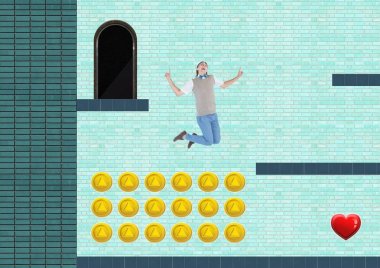 Digital composite of man in Computer Game Level with coins and heart clipart
