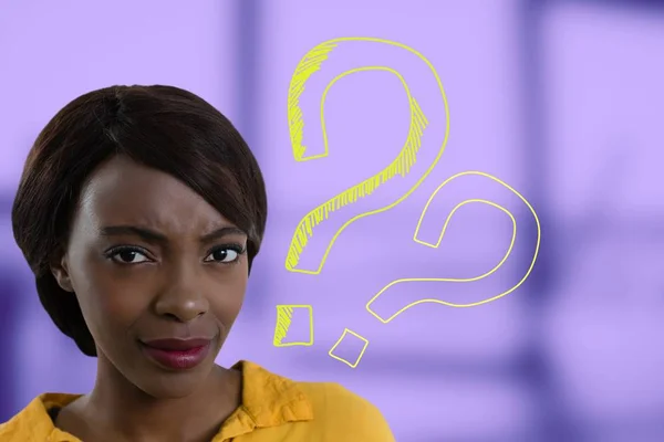 Digital composite of Confused woman frowning with question marks