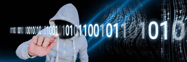 Цифровий Композит Анонімного Хакера Який Торкається Комп Ютерного Коду Двійкового — стокове фото