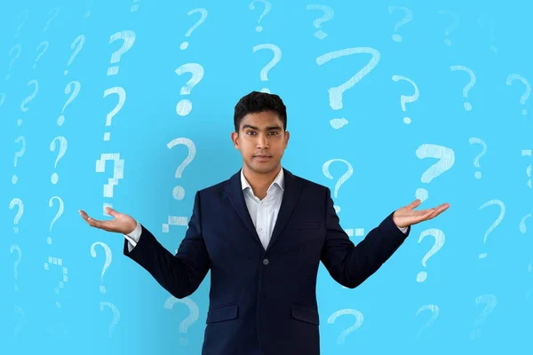 Digital Composite Man Shrugging Front Blue Background Question Marks Pattern — Stock Photo, Image