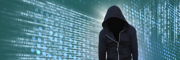 Compuesto Digital Hacker Anónimo Con Interfaz Binaria Código Computadora — Foto de Stock