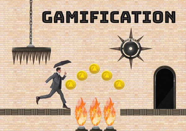 Gamification 텍스트와 컴퓨터 수준에 남자의 디지털 — 스톡 사진